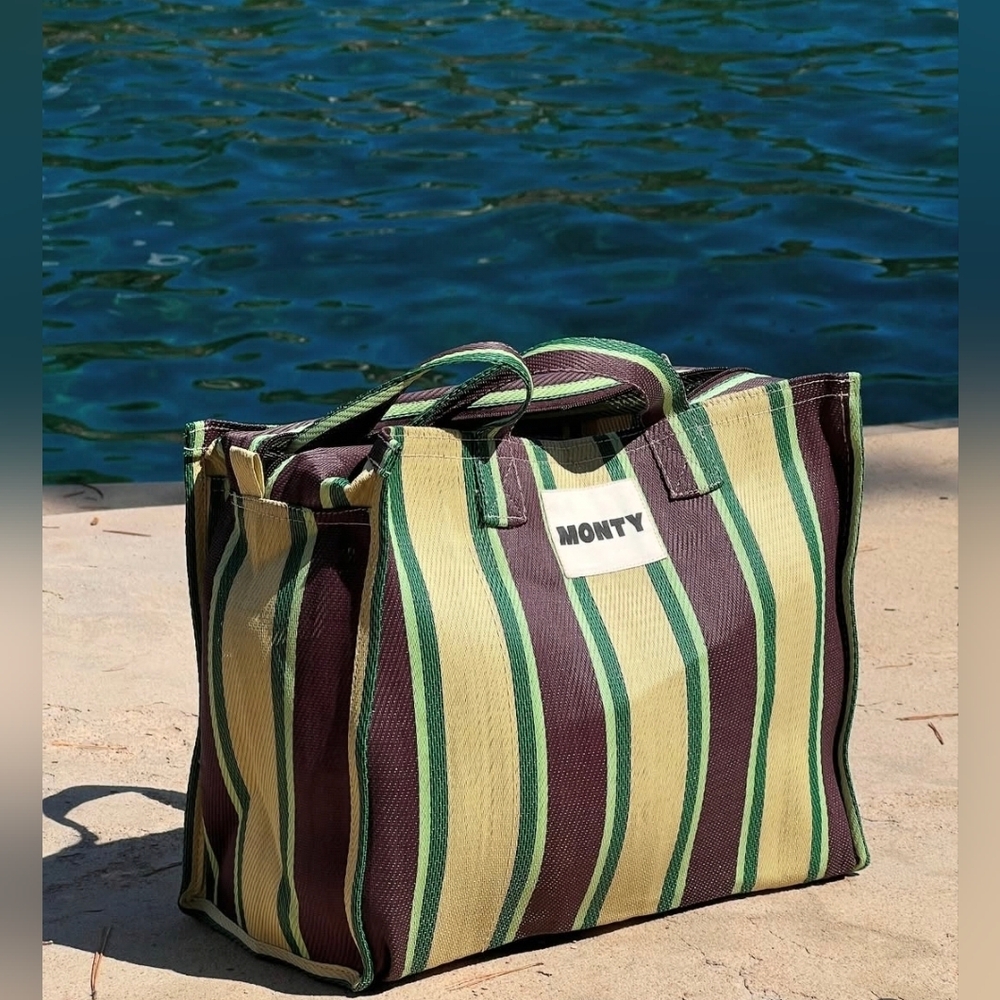 Monty Medium Butter Yellow Espresso Striped Tote Bag